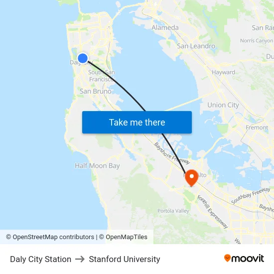 Daly City Station to Stanford University map