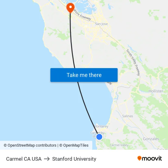Carmel CA USA to Stanford University map
