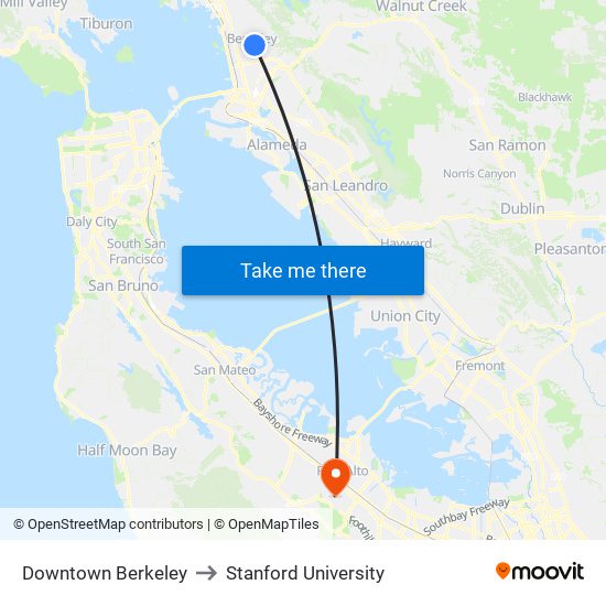 Downtown Berkeley to Stanford University map