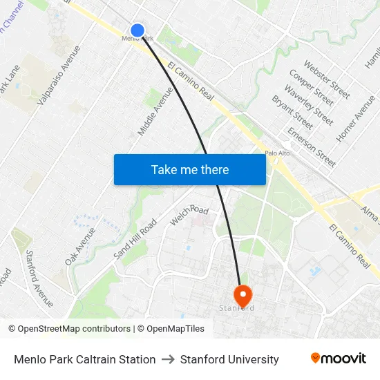 Menlo Park Caltrain Station to Stanford University map