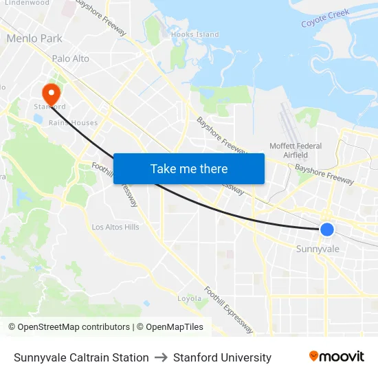 Sunnyvale Caltrain Station to Stanford University map