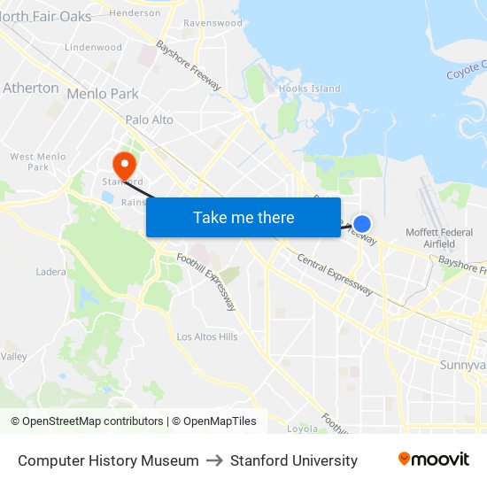 Computer History Museum to Stanford University map