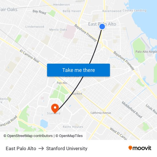 East Palo Alto to Stanford University map