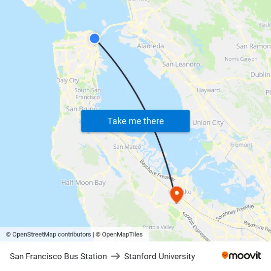 San Francisco Bus Station to Stanford University map