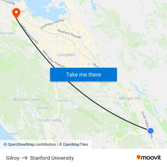 Gilroy to Stanford University map