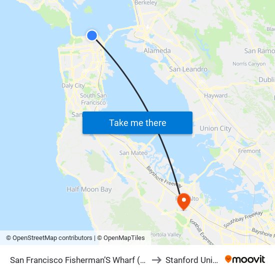 San Francisco Fisherman’S Wharf (Hyde/Beach) to Stanford University map
