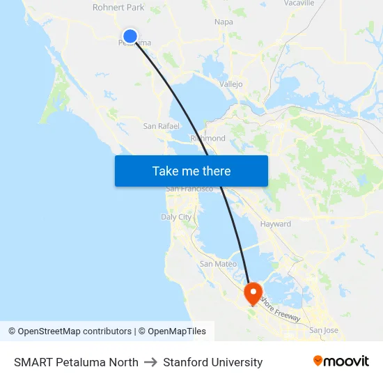 SMART Petaluma North to Stanford University map