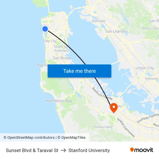 Sunset Blvd & Taraval St to Stanford University map