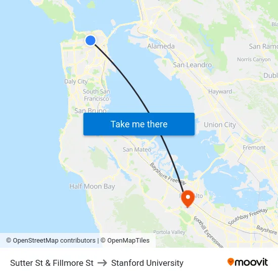 Sutter St & Fillmore St to Stanford University map