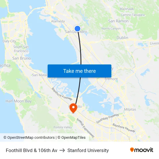 Foothill Blvd & 106th Av to Stanford University map
