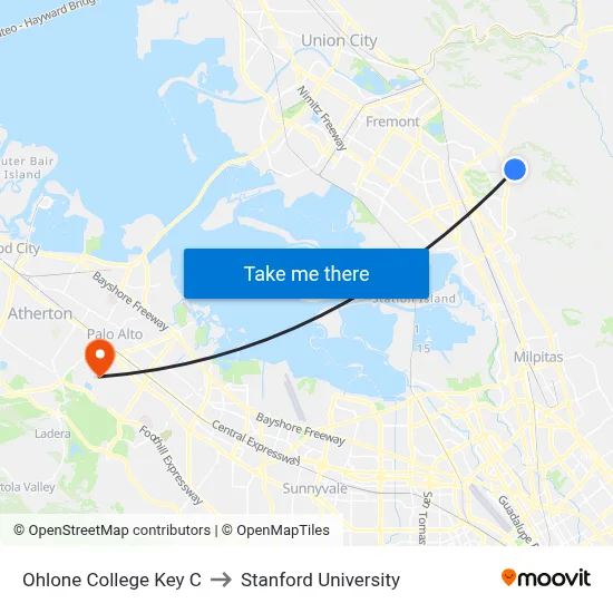 Ohlone College Key C to Stanford University map