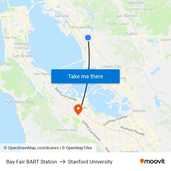 Bay Fair BART Station to Stanford University map