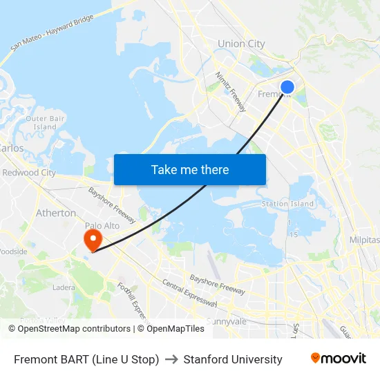 Fremont BART (Line U Stop) to Stanford University map
