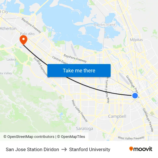 San Jose Station Diridon to Stanford University map
