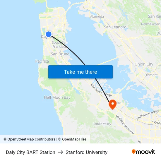 Daly City BART Station to Stanford University map