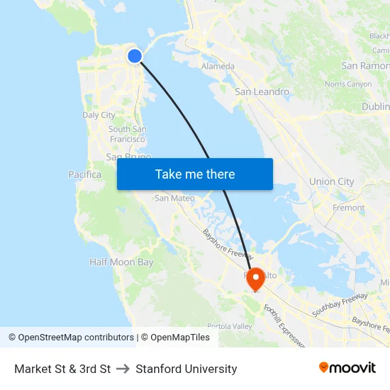 Market St & 3rd St to Stanford University map