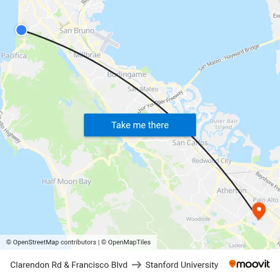 Clarendon Rd & Francisco Blvd to Stanford University map