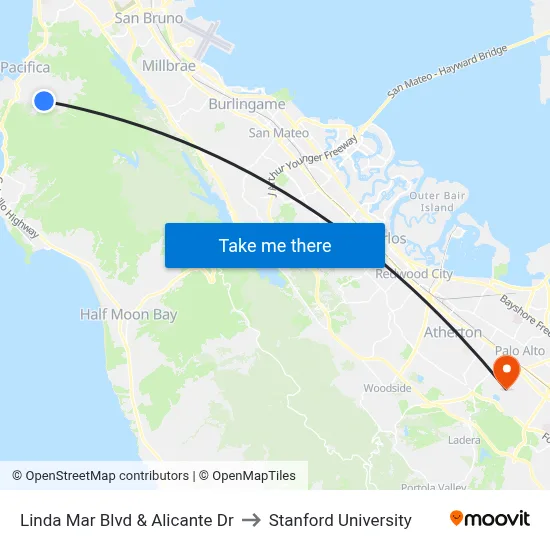 Linda Mar Blvd & Alicante Dr to Stanford University map