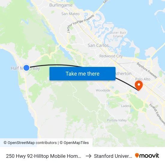 250 Hwy 92-Hilltop Mobile Home Park to Stanford University map