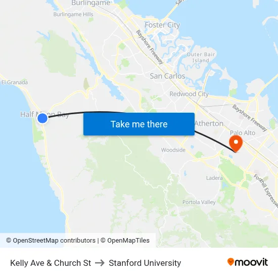 Kelly Ave & Church St to Stanford University map