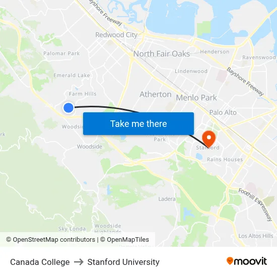 Canada College to Stanford University map