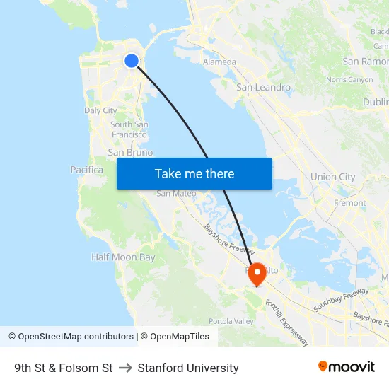9th St & Folsom St to Stanford University map
