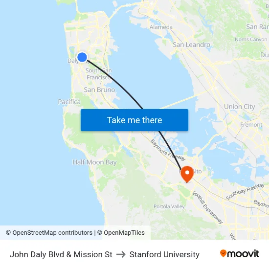 John Daly Blvd & Mission St to Stanford University map