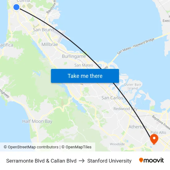 Serramonte Blvd & Callan Blvd to Stanford University map