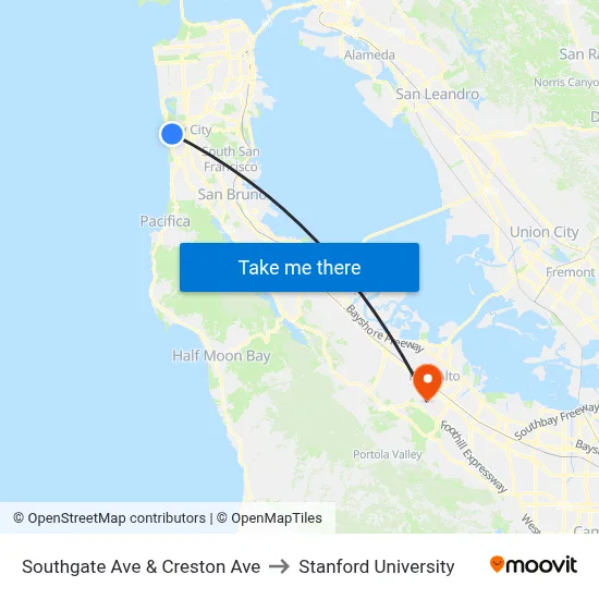 Southgate Ave & Creston Ave to Stanford University map