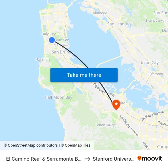 El Camino Real & Serramonte Blvd to Stanford University map