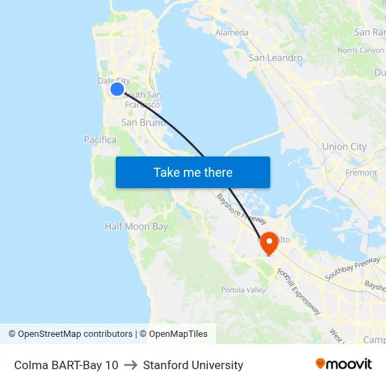 Colma BART-Bay 10 to Stanford University map