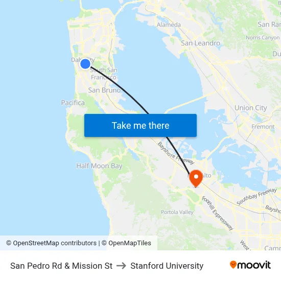 San Pedro Rd & Mission St to Stanford University map