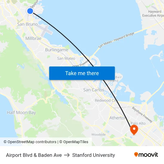 Airport Blvd & Baden Ave to Stanford University map