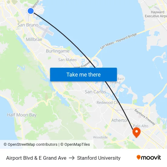 Airport Blvd & E Grand Ave to Stanford University map