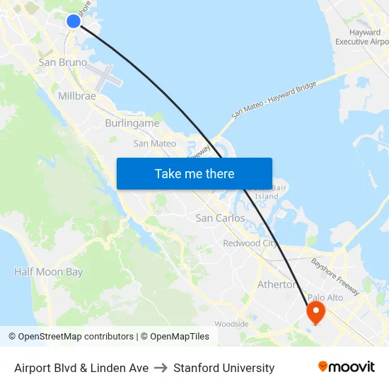 Airport Blvd & Linden Ave to Stanford University map
