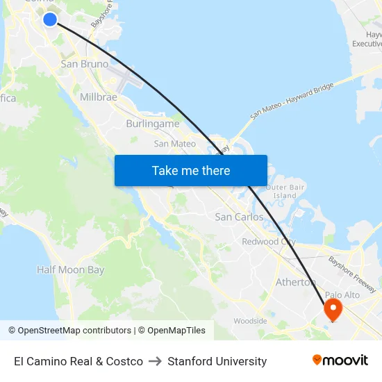 El Camino Real & Costco to Stanford University map