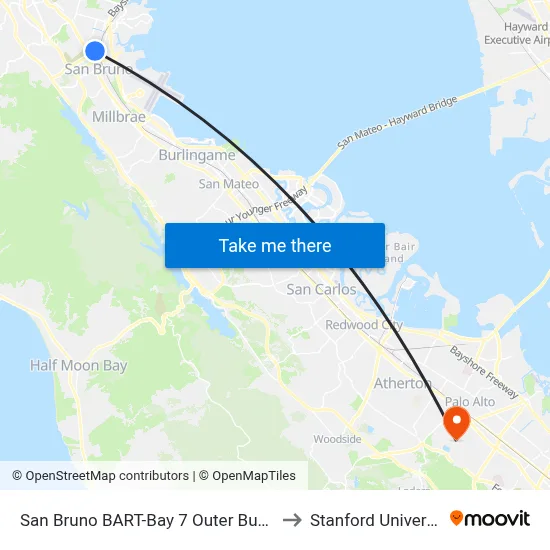 San Bruno BART-Bay 7 Outer Busway to Stanford University map