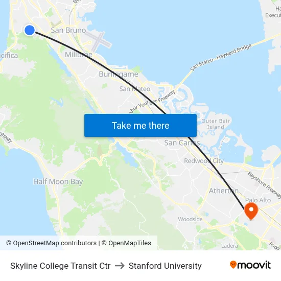 Skyline College Transit Ctr to Stanford University map