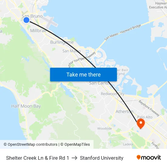 Shelter Creek Ln & Fire Rd 1 to Stanford University map