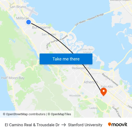 El Camino Real & Trousdale Dr to Stanford University map