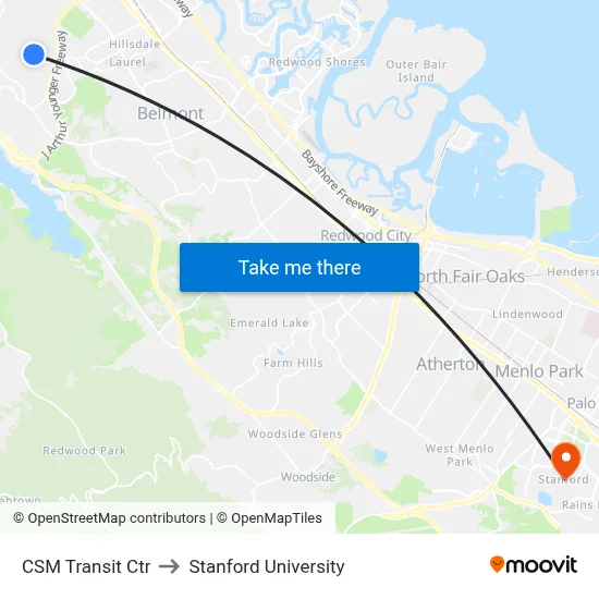 CSM Transit Ctr to Stanford University map