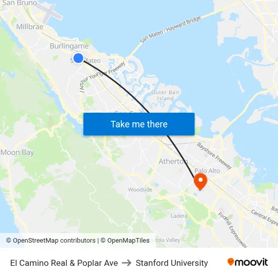 El Camino Real & Poplar Ave to Stanford University map