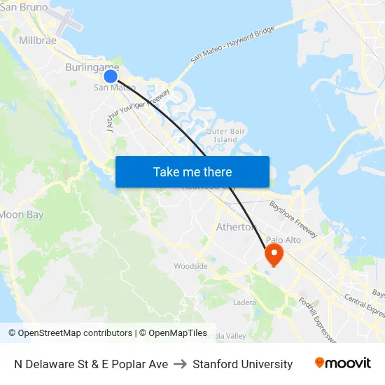 N Delaware St & E Poplar Ave to Stanford University map