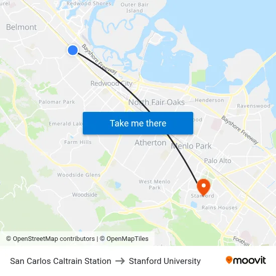 San Carlos Caltrain Station to Stanford University map