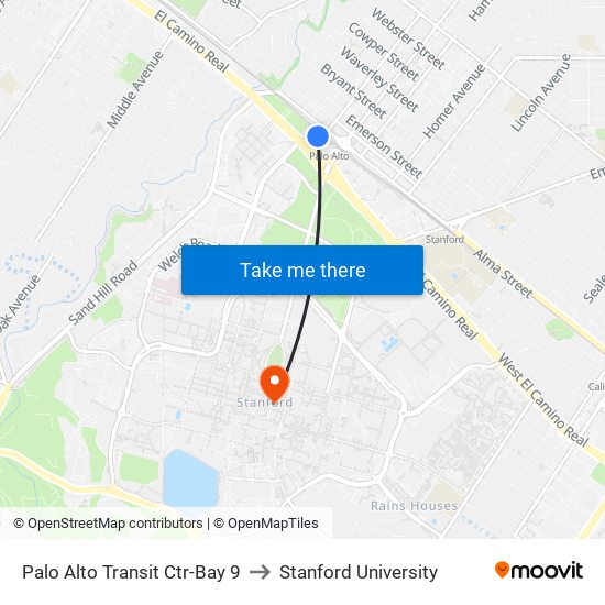 Palo Alto Transit Ctr-Bay 9 to Stanford University map