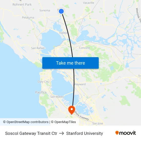 Soscol Gateway Transit Ctr to Stanford University map