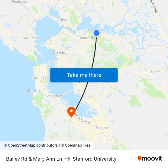 Bailey Rd & Mary Ann Ln to Stanford University map