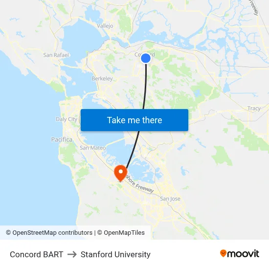 Concord BART to Stanford University map
