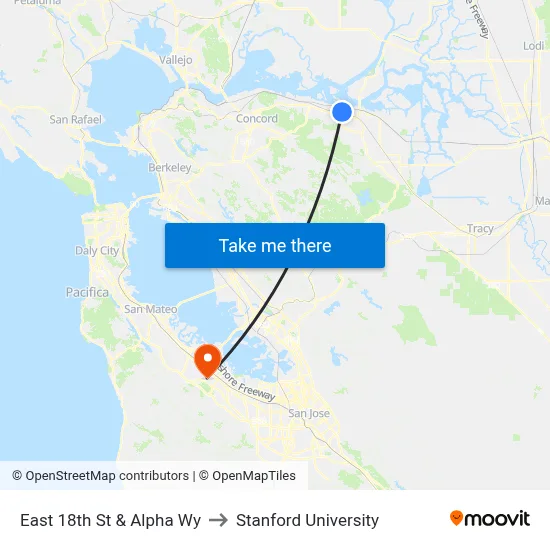 East 18th St & Alpha Wy to Stanford University map