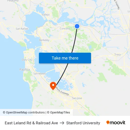 East Leland Rd & Railroad Ave to Stanford University map
